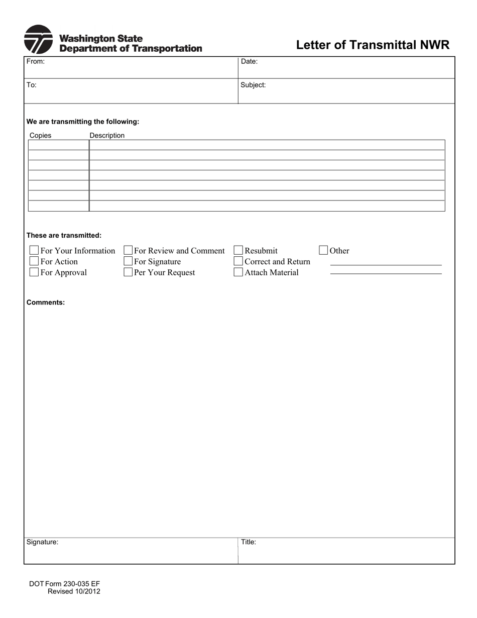 DOT Form 230-035 Letter of Transmittal Nwr - Washington, Page 1