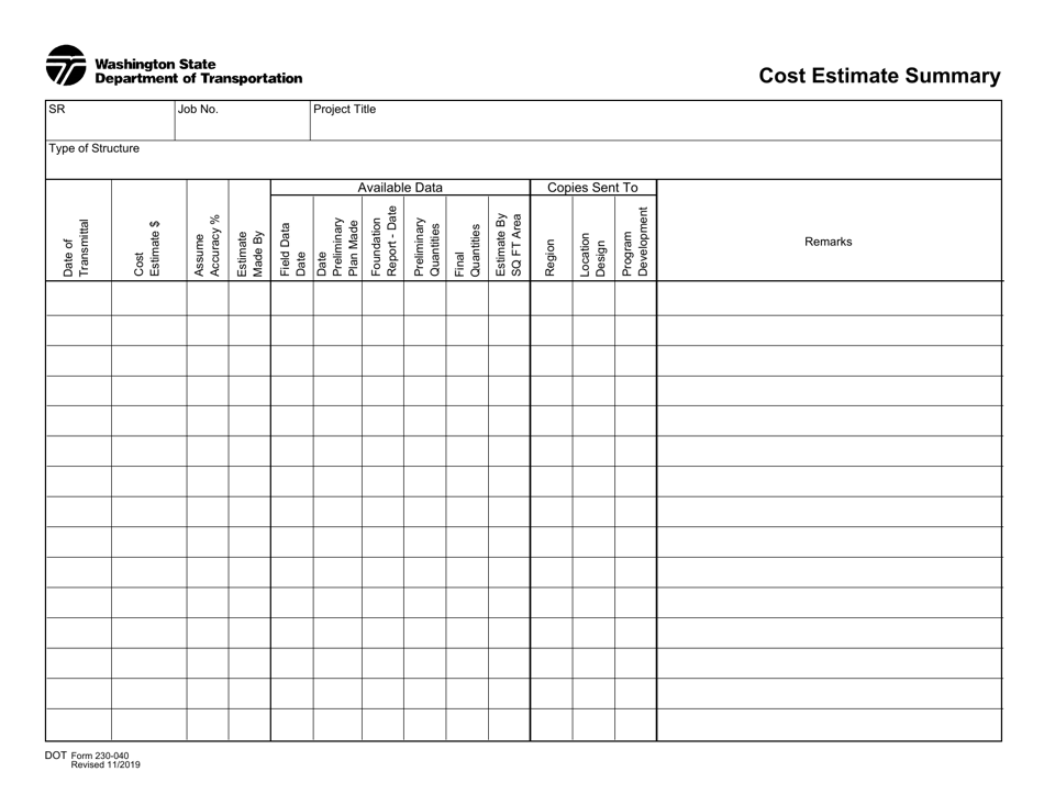DOT Form 230-040 Cost Estimate Summary - Washington, Page 1