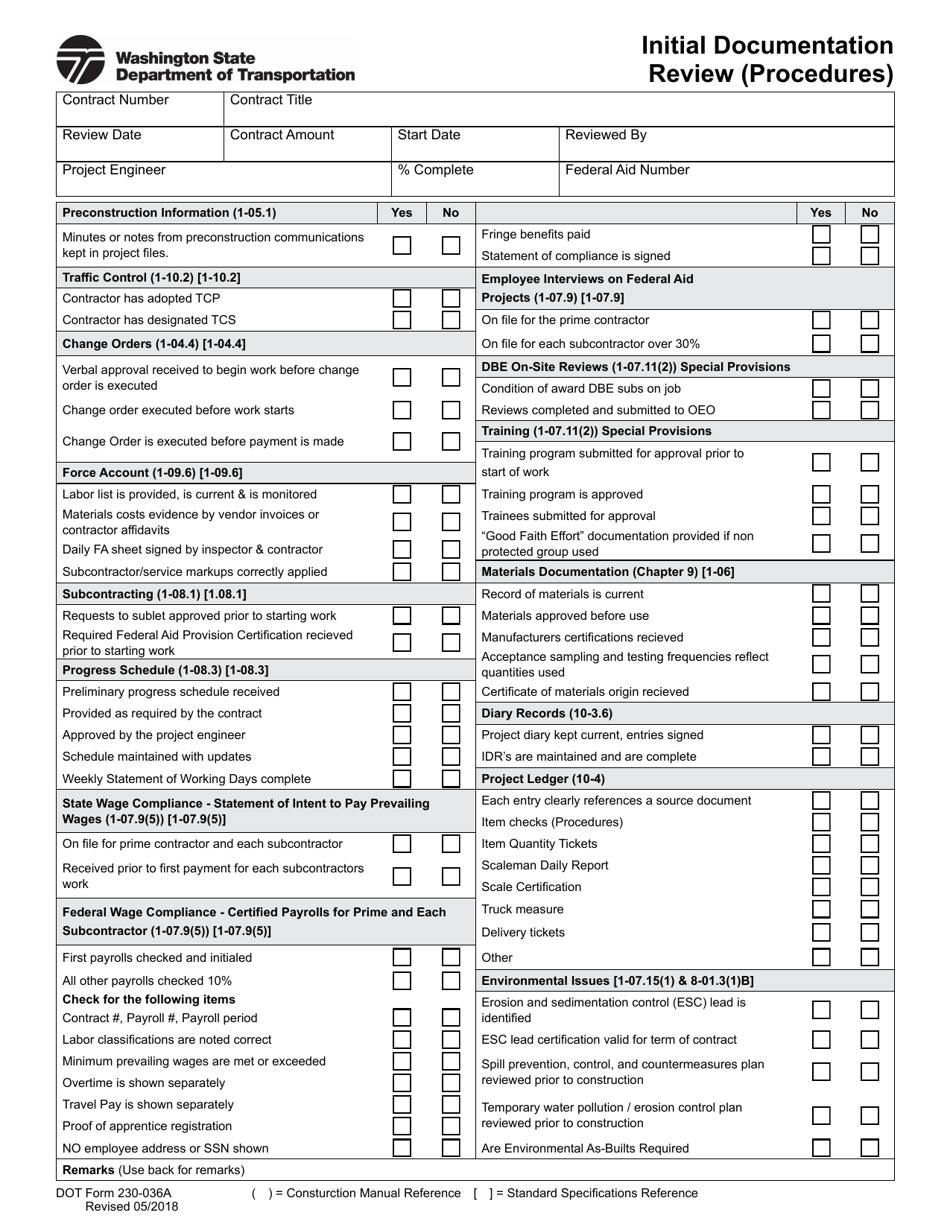 DOT Form 230-036A Initial Documentation Review (Procedures) - Washington, Page 1