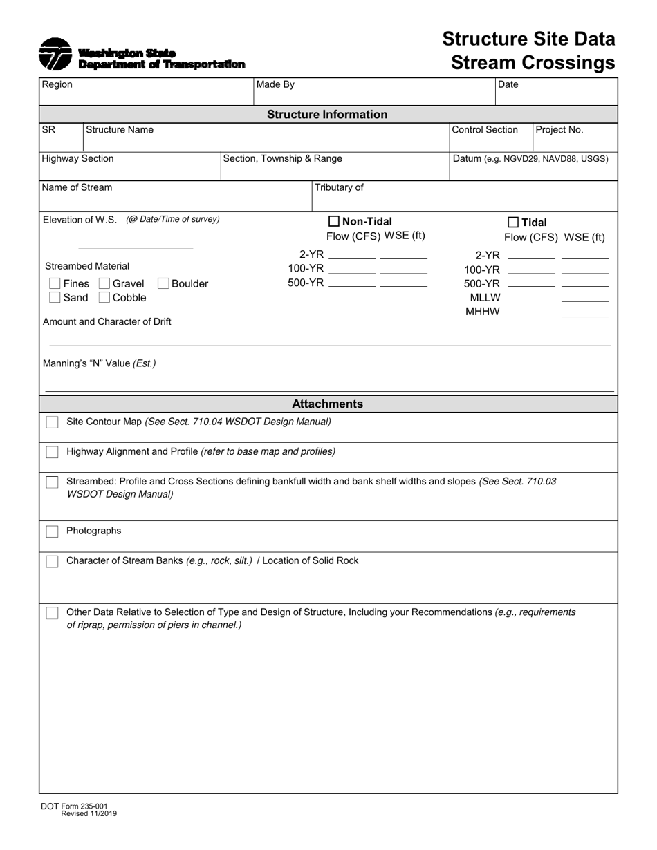 DOT Form 235-001 Structure Site Data Stream Crossings - Washington, Page 1