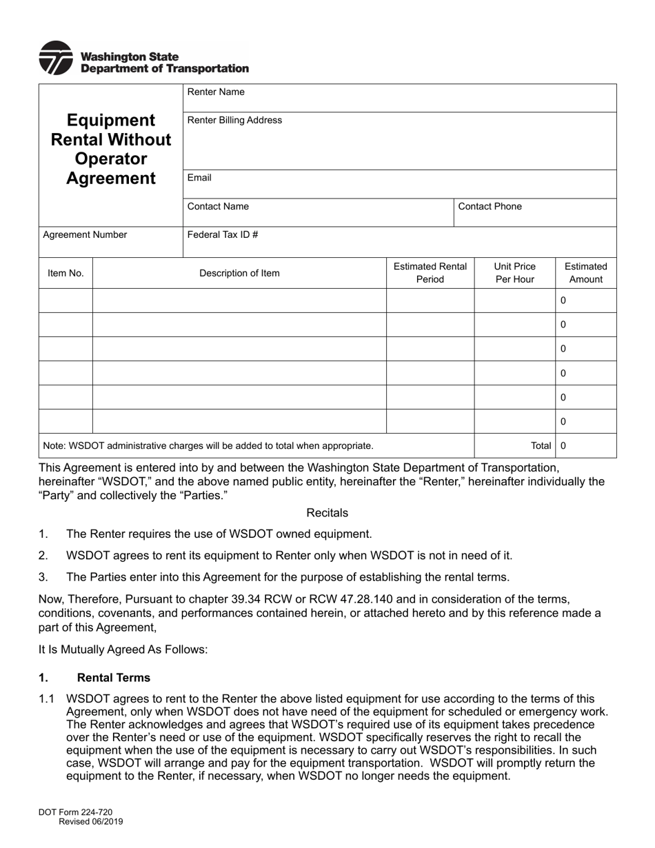 DOT Form 224-720 Equipment Rental Without Operator Agreement - Washington, Page 1