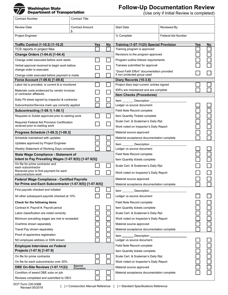 DOT Form 230-036B Follow-Up Documentation Review - Washington, Page 1