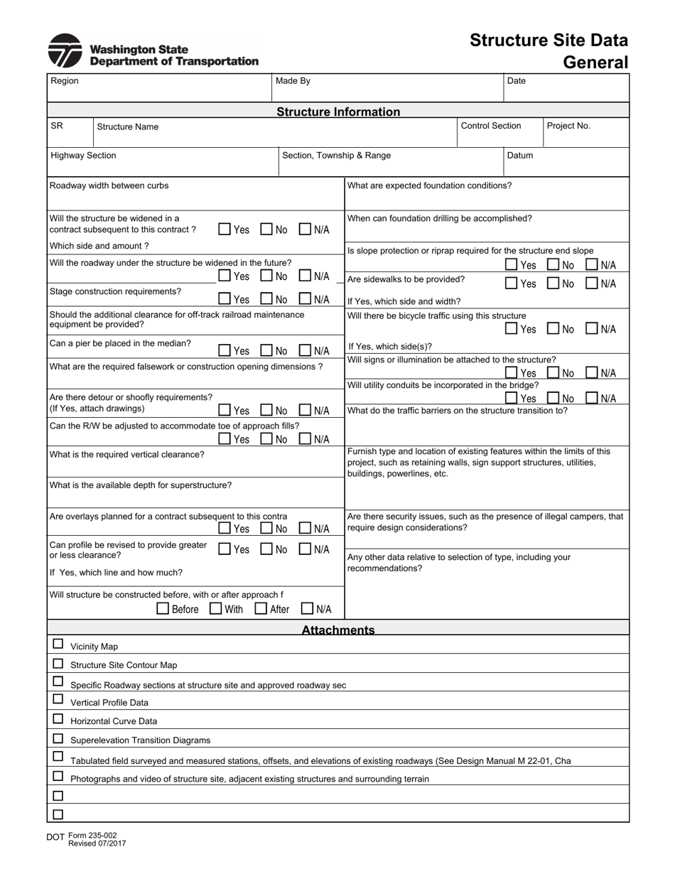 DOT Form 235-002 Structure Site Data - General - Washington, Page 1