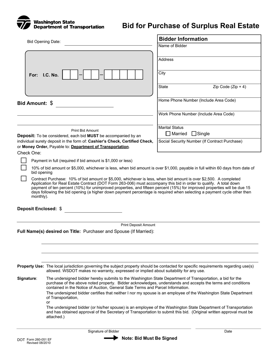 DOT Form 260-051 Bid for Purchase of Surplus Real Estate - Washington, Page 1