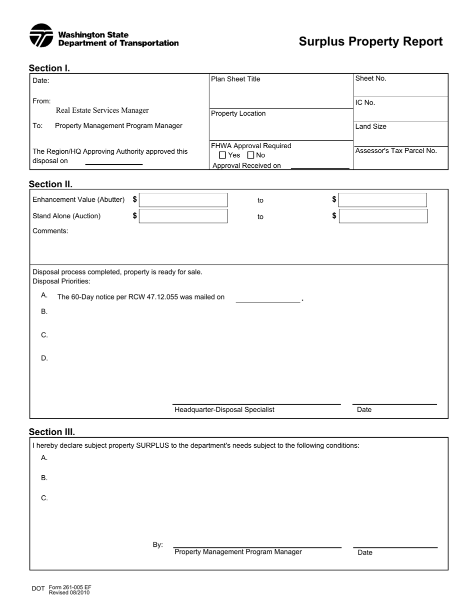 DOT Form 261-005 Surplus Property Report - Washington, Page 1