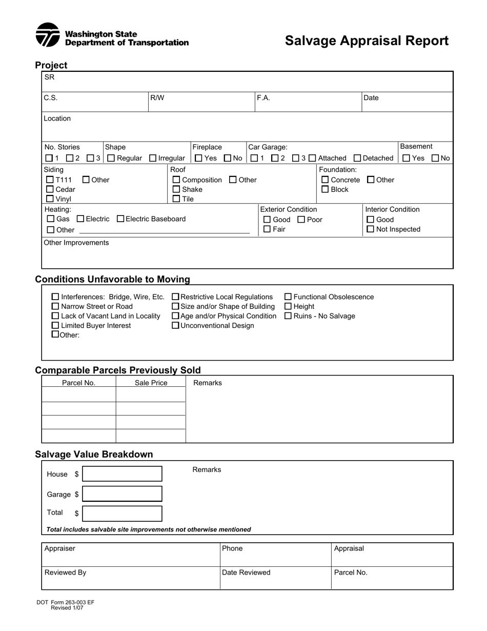 DOT Form 263-003 Salvage Appraisal Report - Washington, Page 1