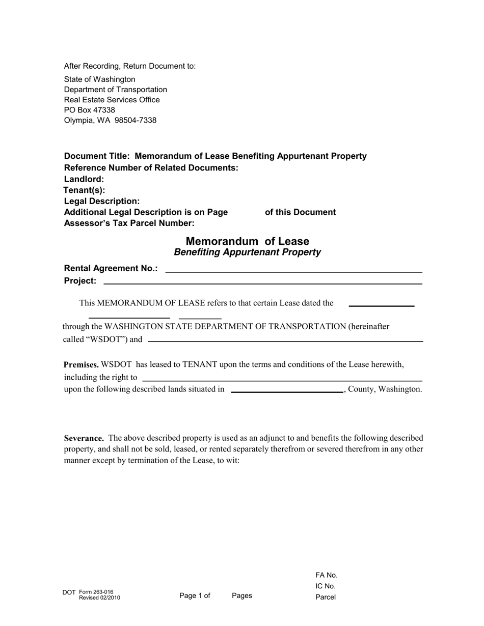DOT Form 263-016 Memorandum of Lease - Benefiting Appurtenant Property - Washington, Page 1
