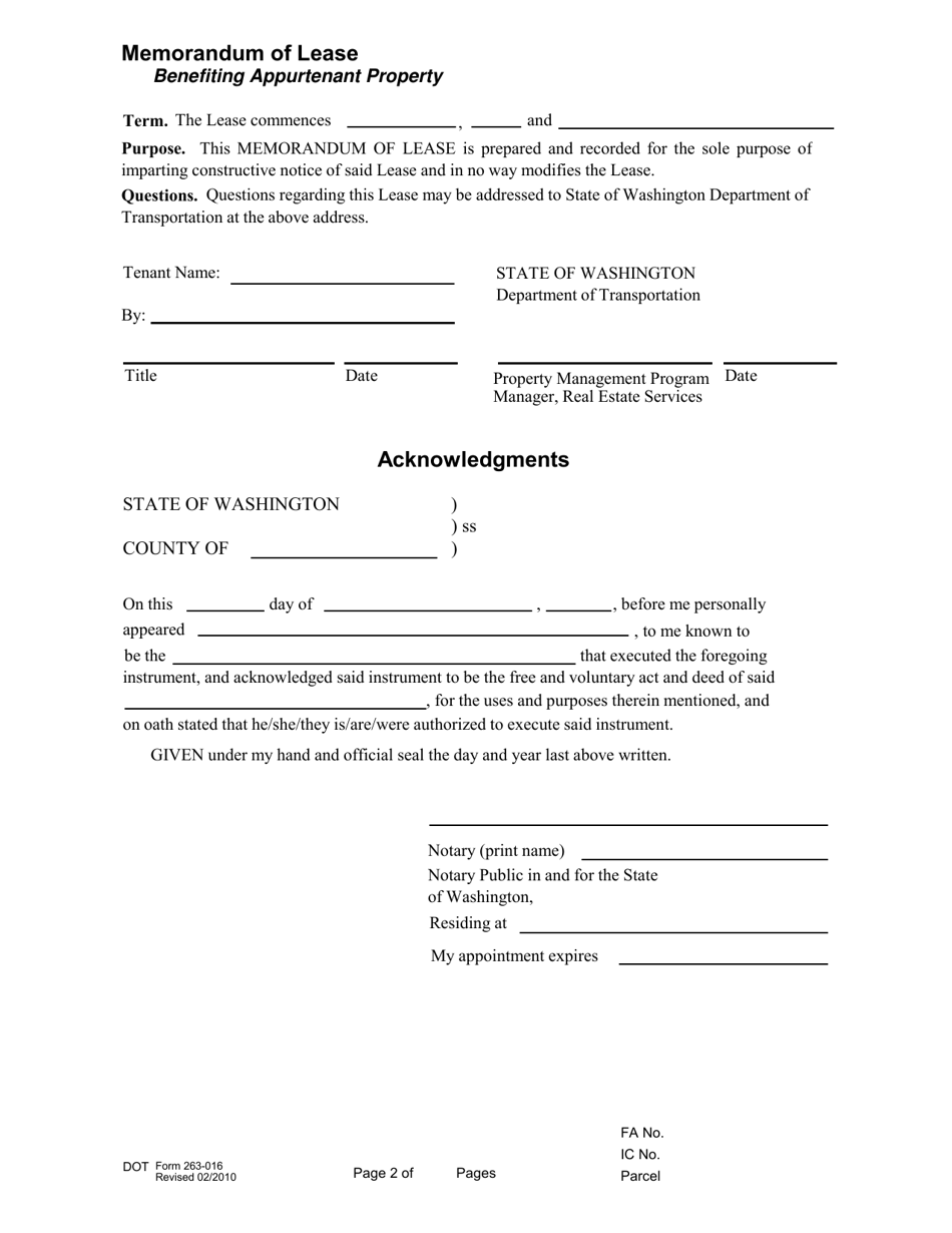 DOT Form 263-016 Memorandum of Lease - Benefiting Appurtenant Property - Washington, Page 2
