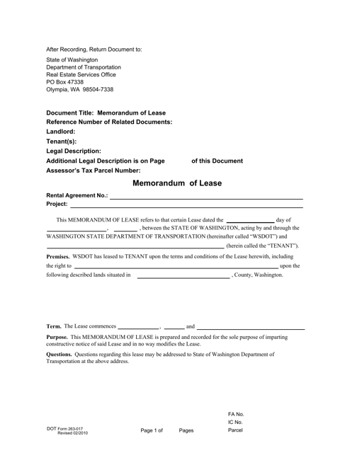DOT Form 263-017 Memorandum of Lease - Washington