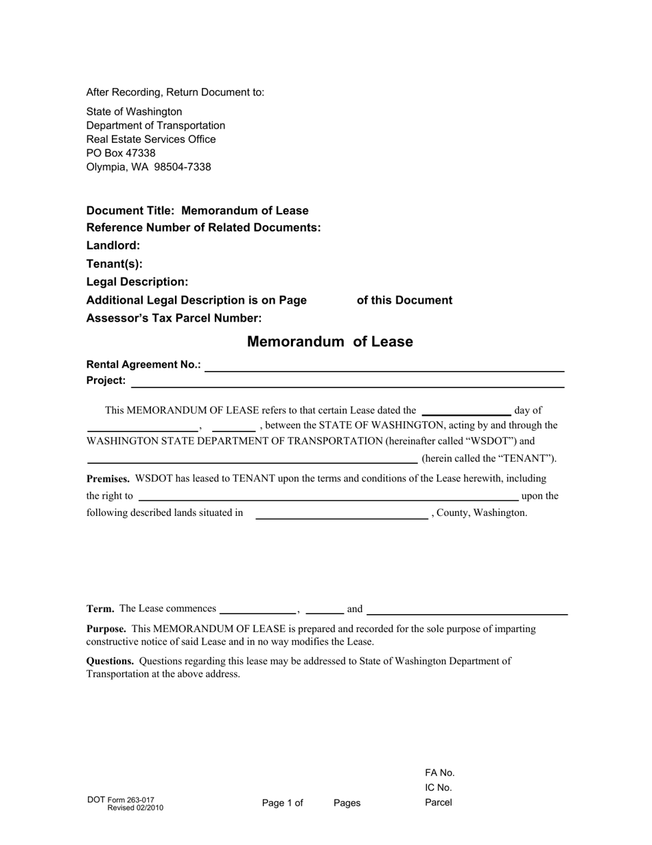 DOT Form 263-017 Memorandum of Lease - Washington, Page 1