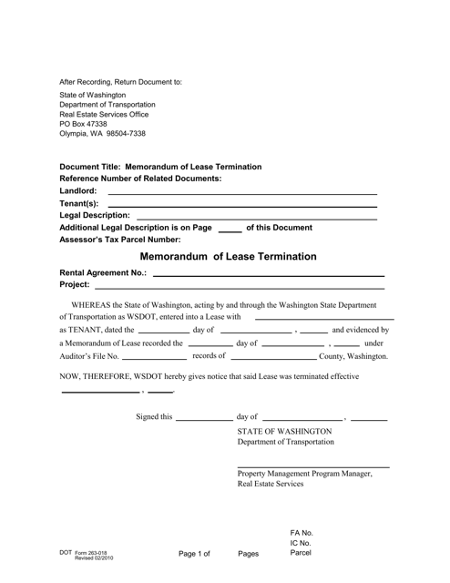 DOT Form 263-018 Memorandum of Lease Termination - Washington