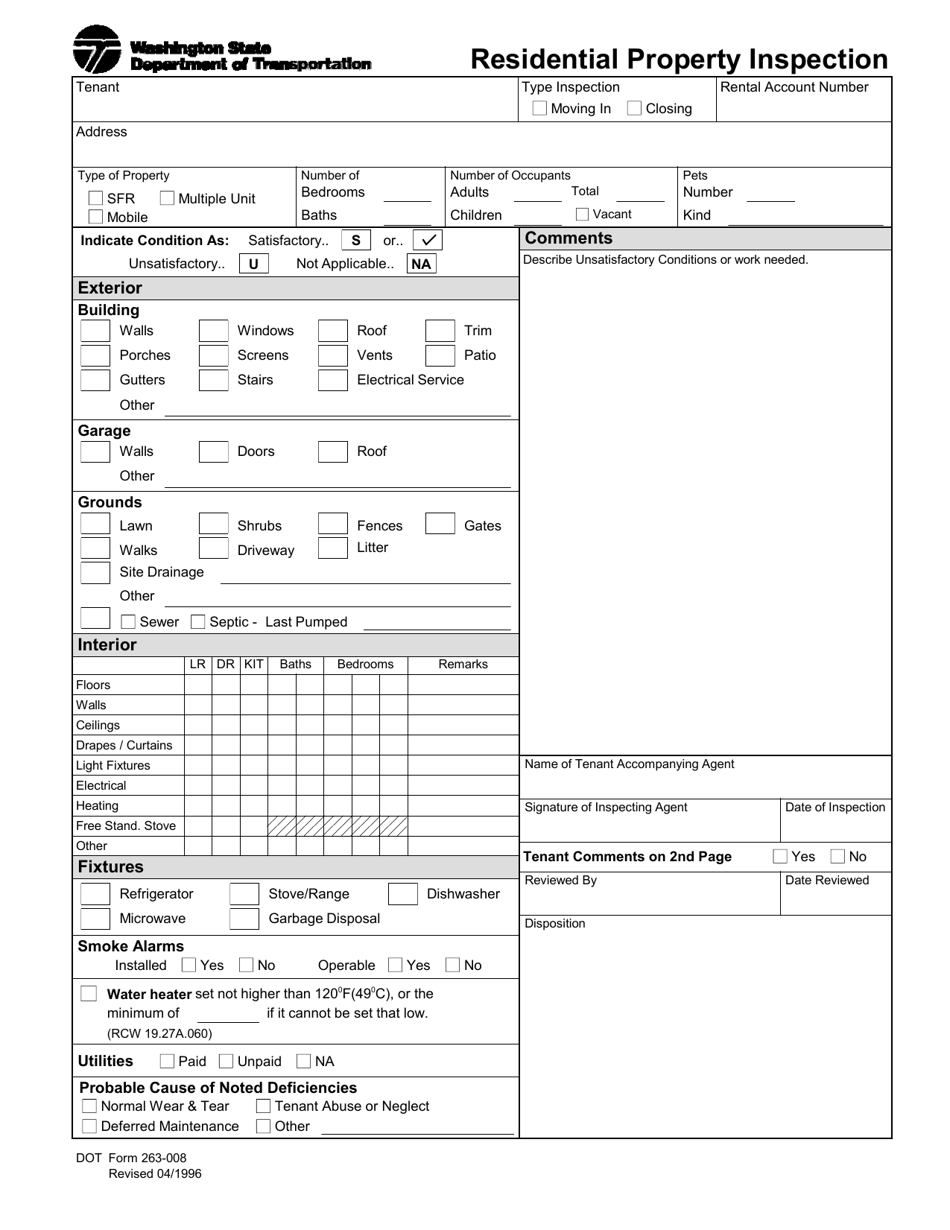 DOT Form 263-008 Residential Property Inspection - Washington, Page 1
