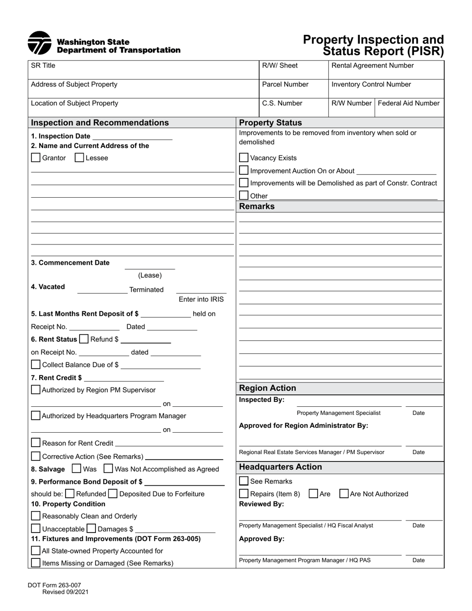 DOT Form 263-007 Property Inspection and Status Report (Pisr) - Washington, Page 1
