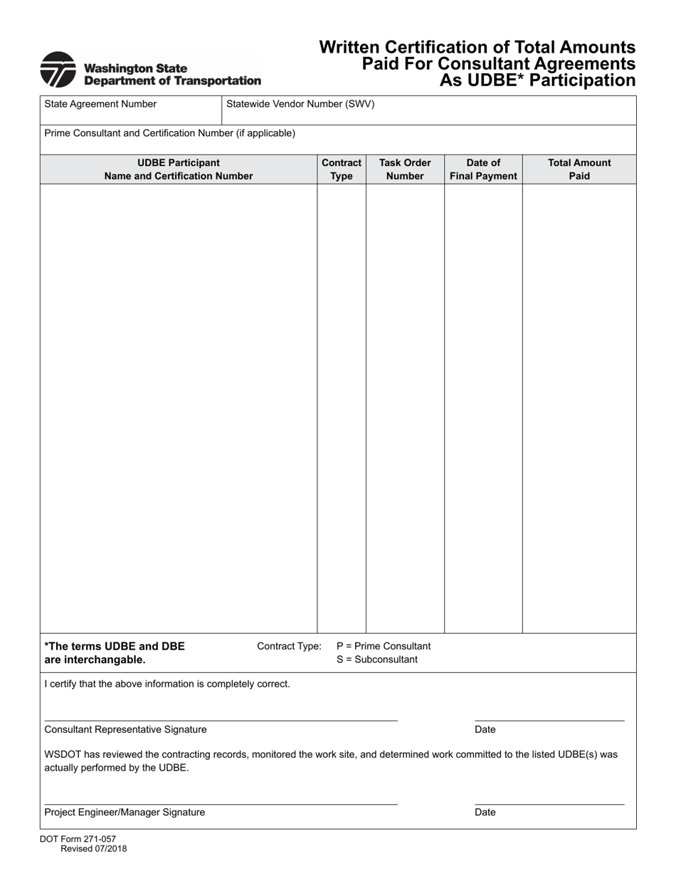 DOT Form 271-057 Written Certification of Total Amounts Paid for Consultant Agreements as Udbe Participation - Washington, Page 1