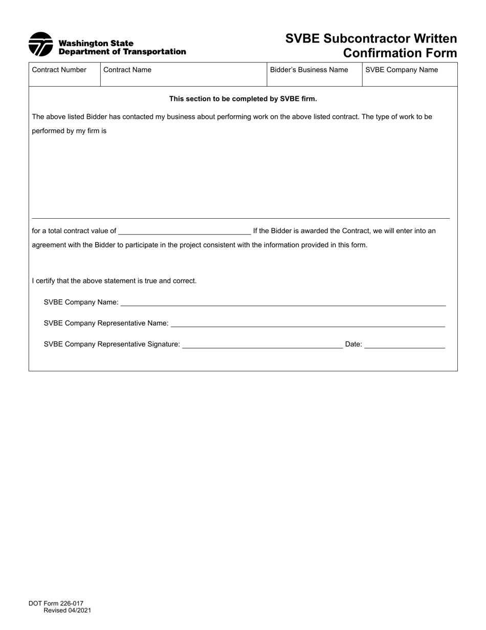 DOT Form 226-017 Svbe Subcontractor Written Confirmation Form - Washington, Page 1