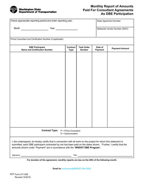 DOT Form 271-056 Monthly Report of Amounts Paid for Consultant Agreements as Dbe Participation - Washington