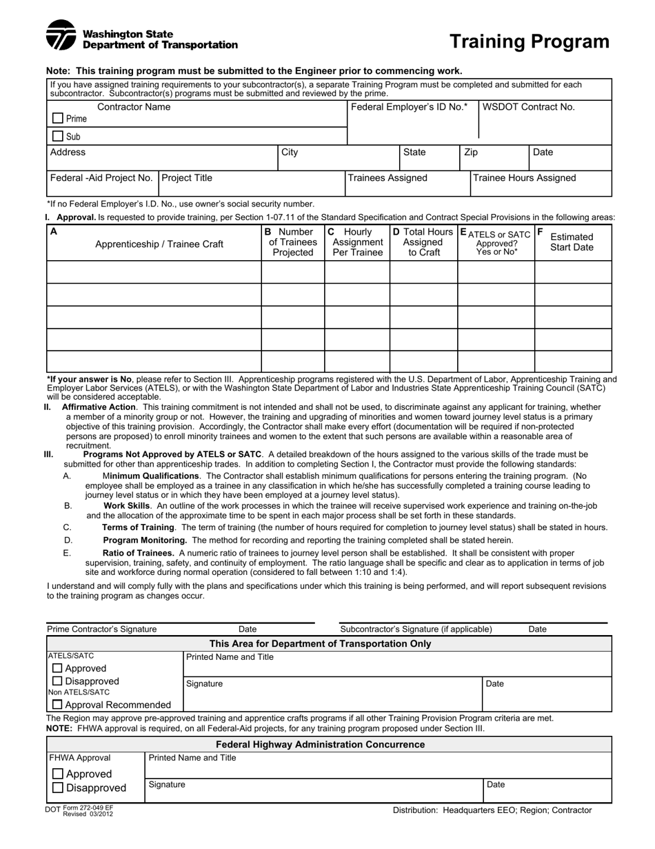 DOT Form 272-049 Training Program - Washington, Page 1