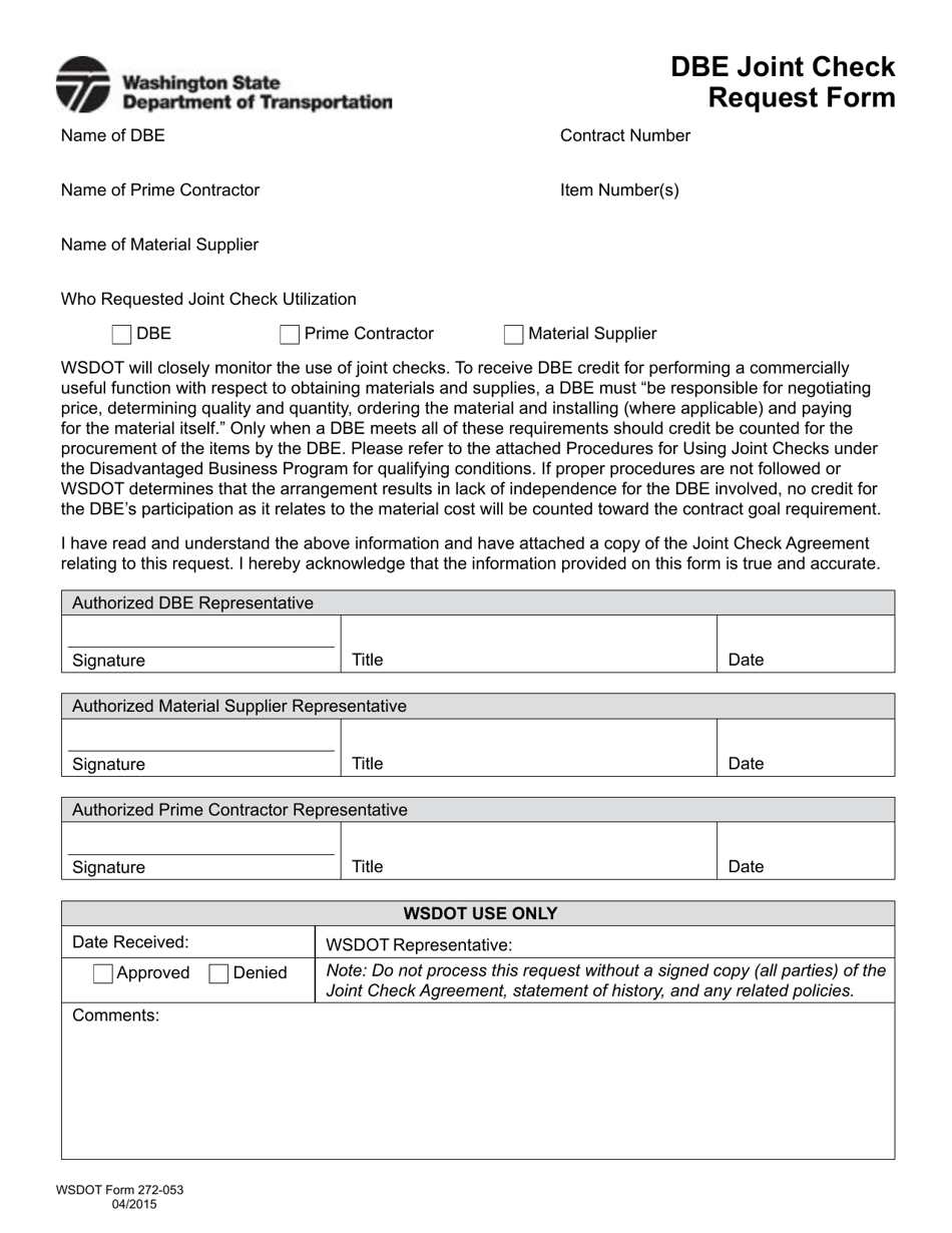 DOT Form 272-053 Dbe Joint Check Request Form - Washington, Page 1