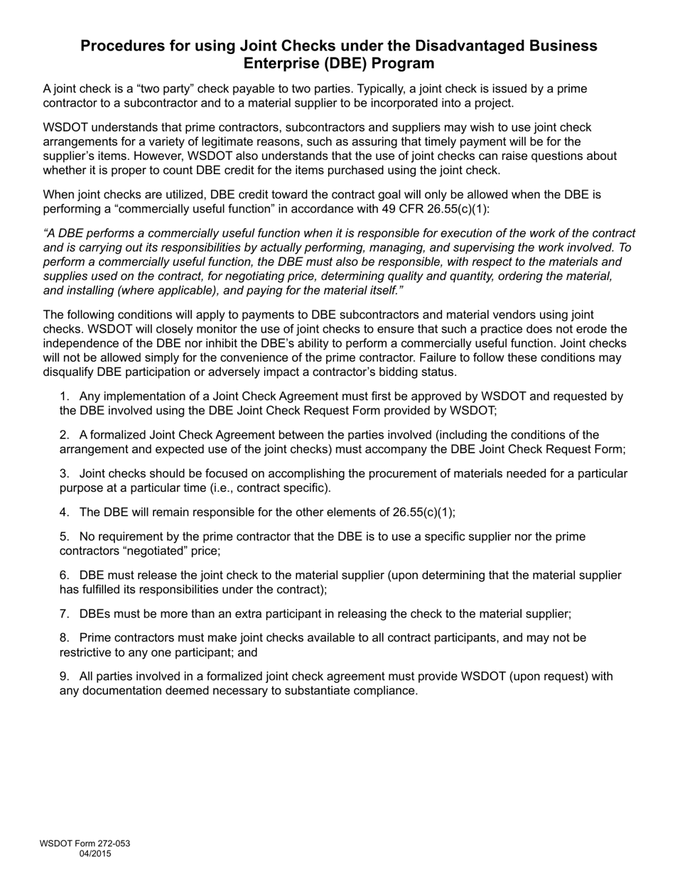DOT Form 272-053 Dbe Joint Check Request Form - Washington, Page 2