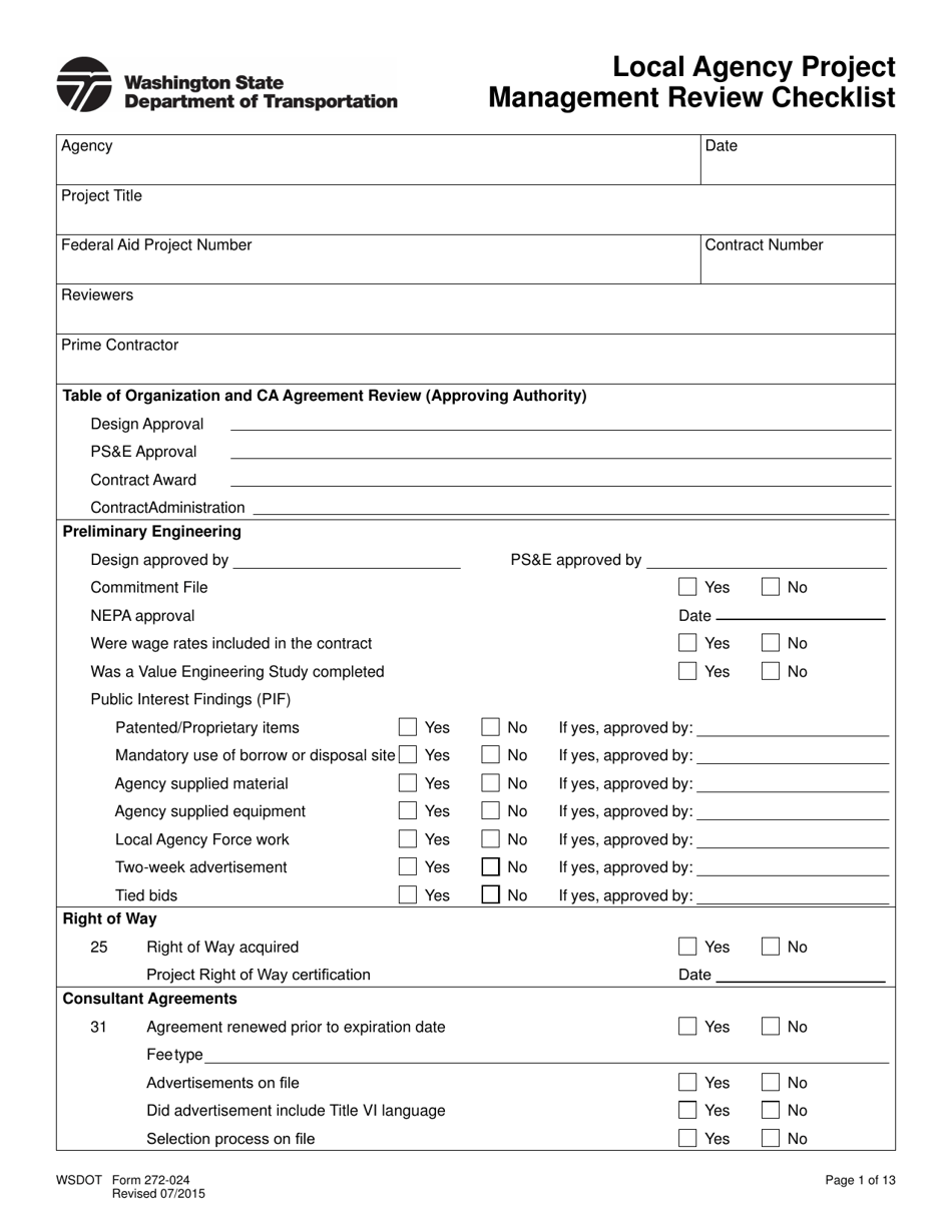 DOT Form 272-024 Local Agency Project Management Review Checklist - Washington, Page 1