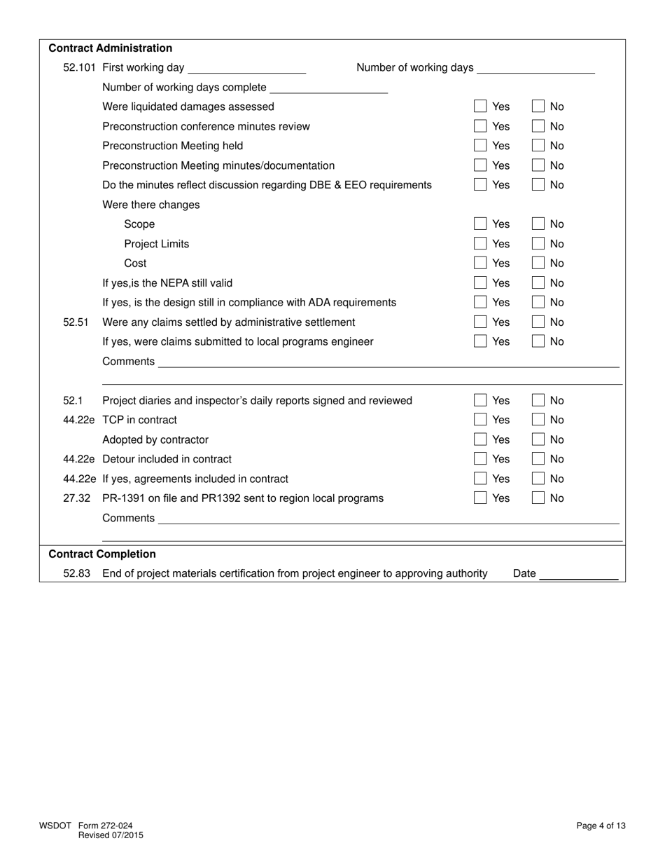DOT Form 272-024 Local Agency Project Management Review Checklist - Washington, Page 4
