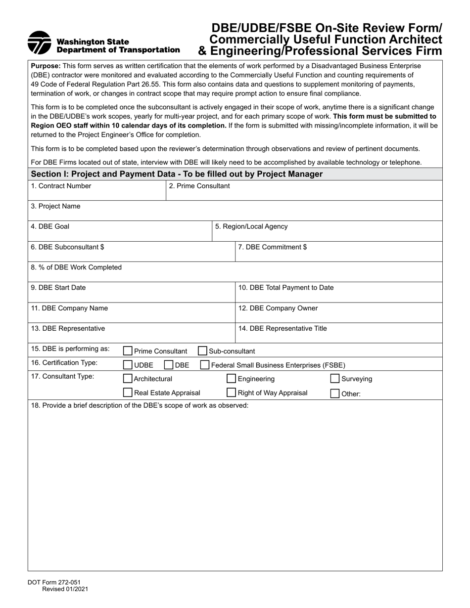 DOT Form 272-051 Dbe / Udbe / Fsbe on-Site Review Form / Commercially Useful Function Architect  Engineering / Professional Services Firm - Washington, Page 1