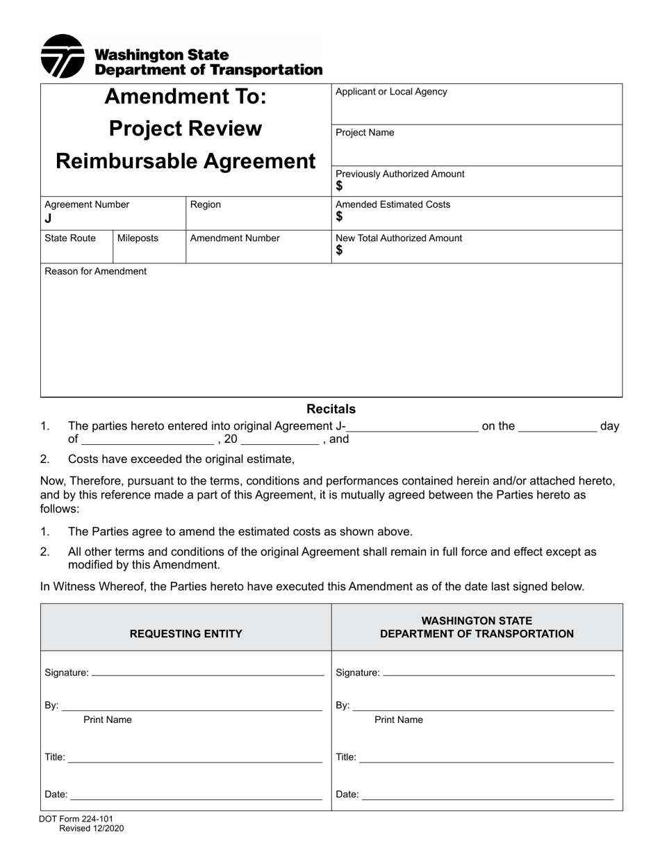 DOT Form 224-101 Amendment to: Project Review Reimbursable Agreement - Washington, Page 1