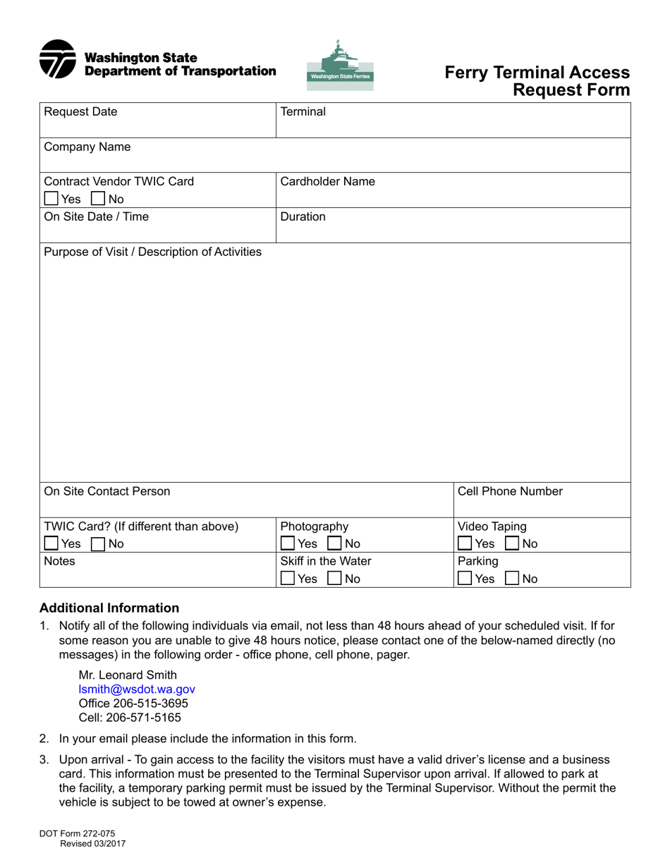 DOT Form 272-075 Ferry Terminal Access Request Form - Washington, Page 1