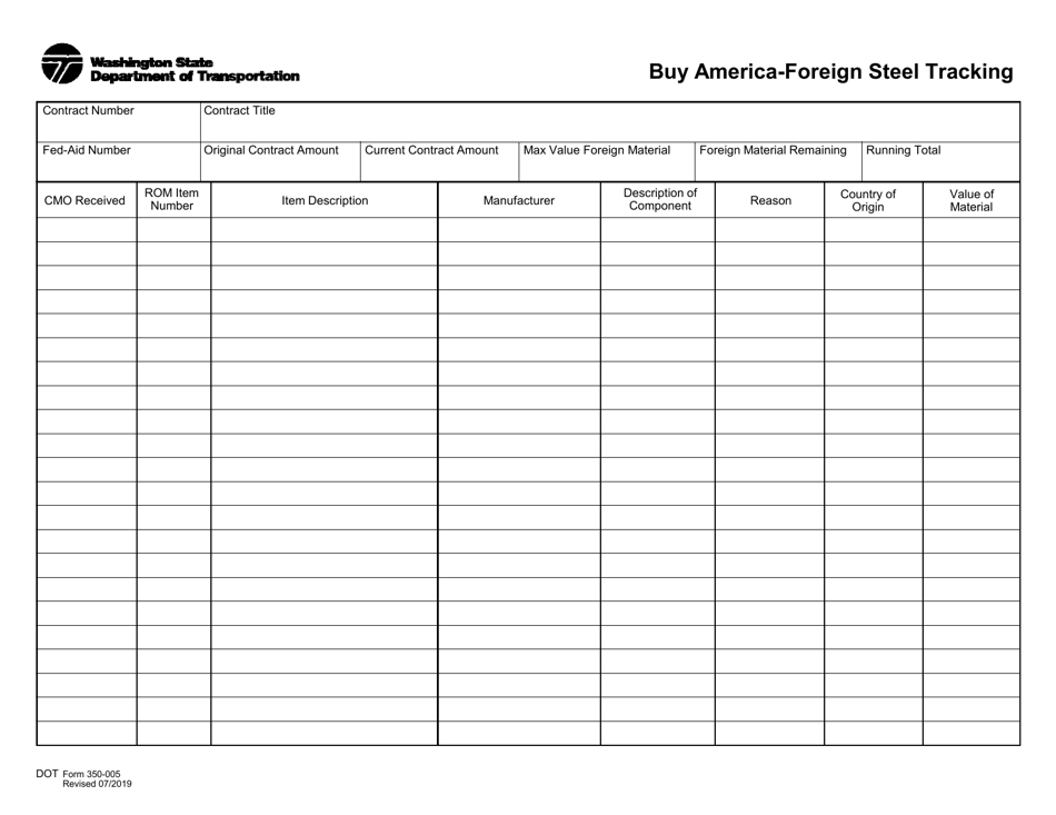 DOT Form 350-005 Buy America-Foreign Steel Tracking - Washington, Page 1