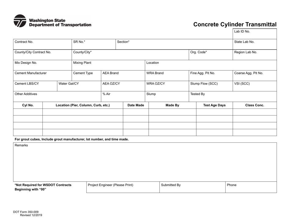 DOT Form 350-009 Concrete Cylinder Transmittal - Washington, Page 1