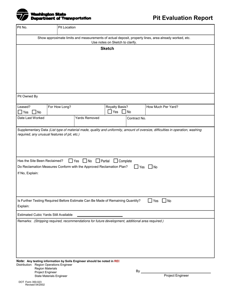 DOT Form 350-023 Pit Evaluation Report - Washington, Page 1