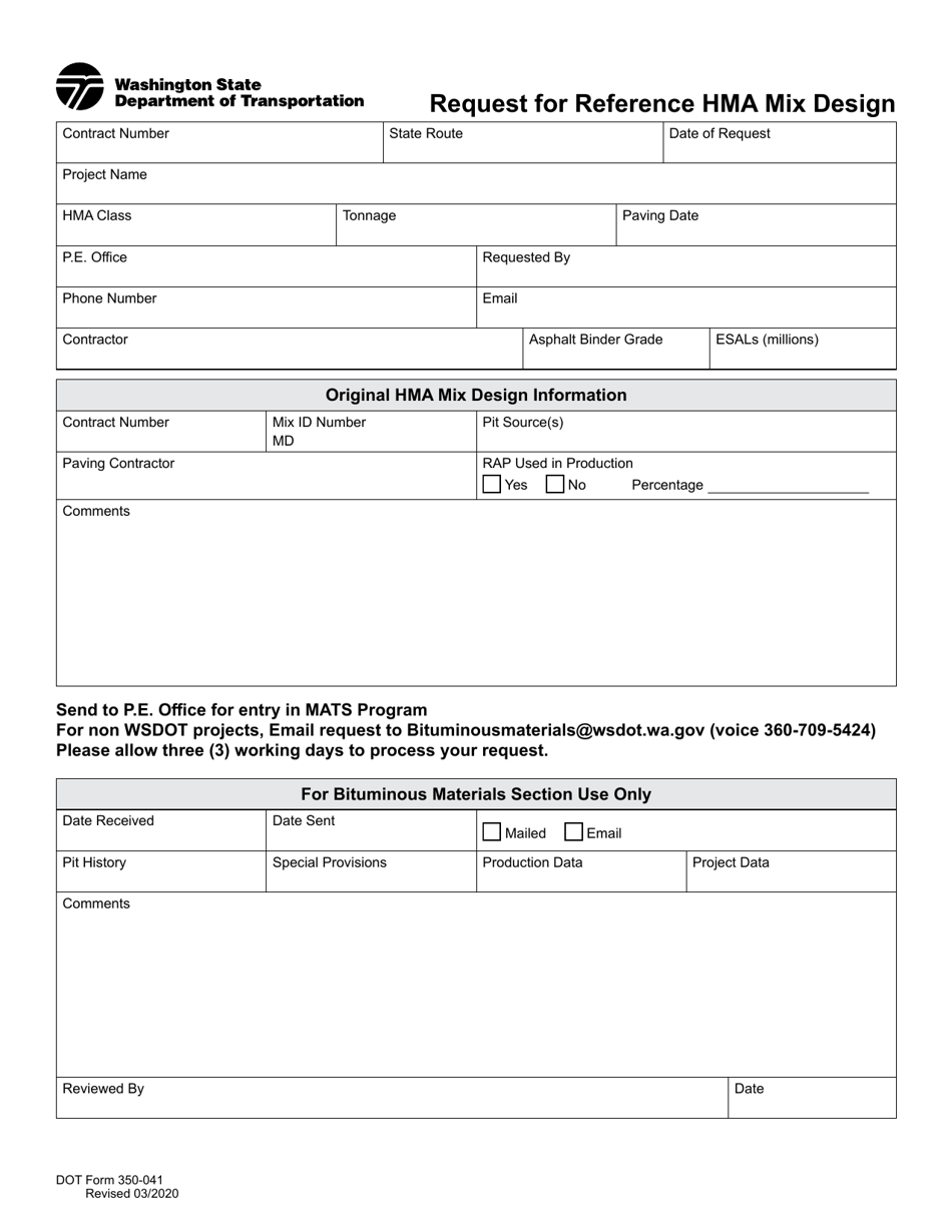 DOT Form 350-041 Request for Reference Hma Mix Design - Washington, Page 1