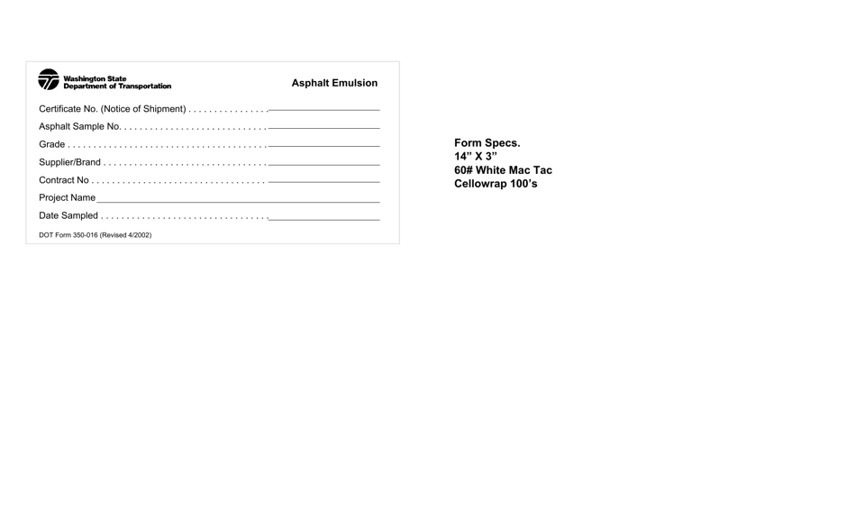 DOT Form 350-016 Asphalt Emulsion - Washington, Page 1