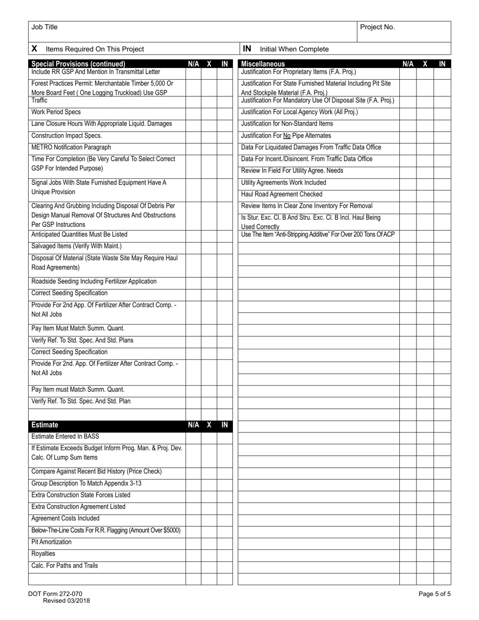 DOT Form 272-070 - Fill Out, Sign Online and Download Fillable PDF ...