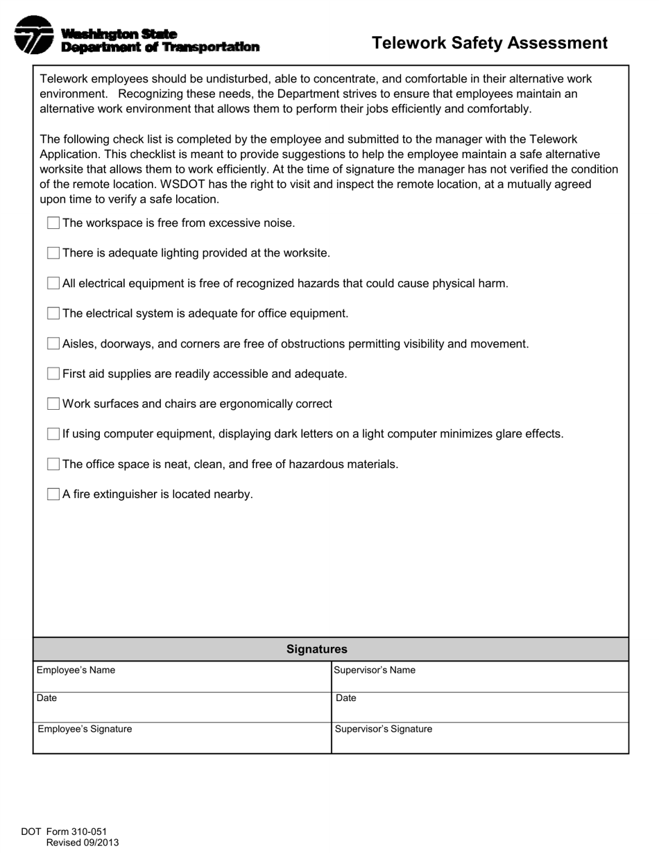 DOT Form 310-051 Telework Safety Assessment - Washington, Page 1