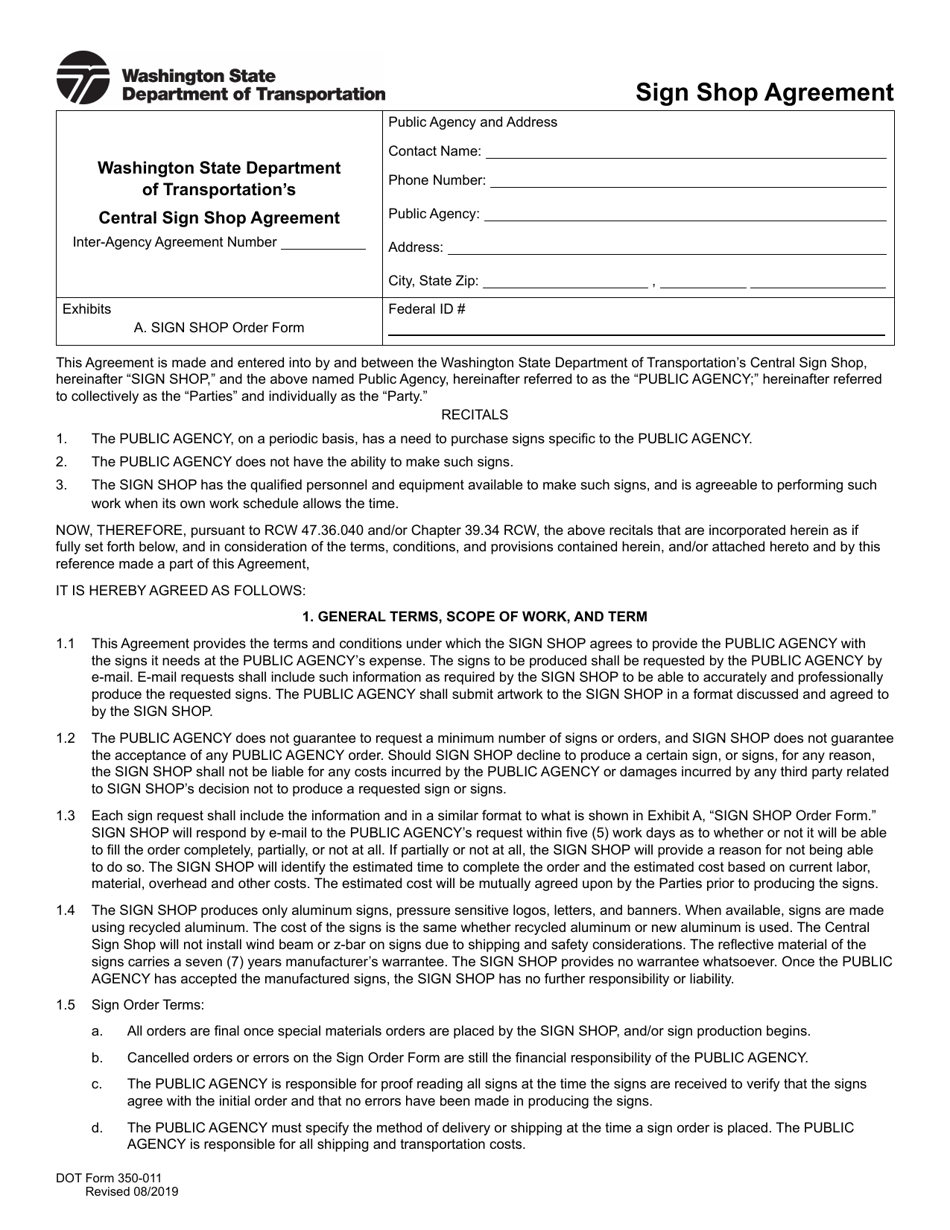 DOT Form 350-011 Sign Shop Agreement - Washington, Page 1
