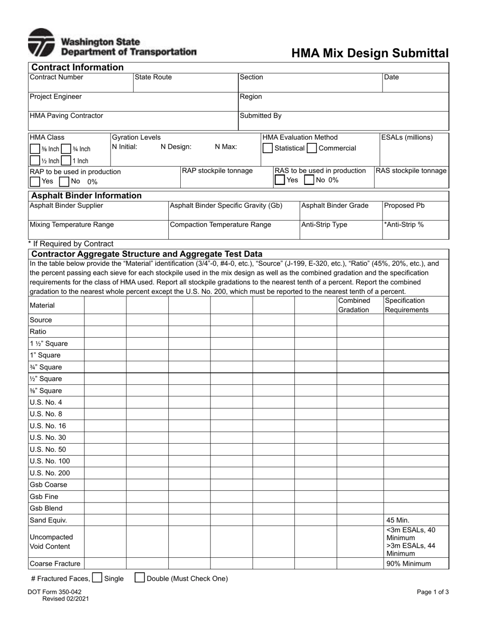 DOT Form 350-042 Hma Mix Design Submittal - Washington, Page 1