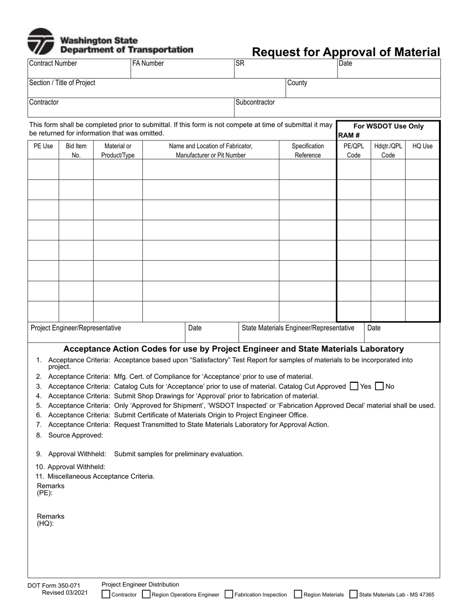 DOT Form 350-071 Request for Approval of Material - Washington, Page 1