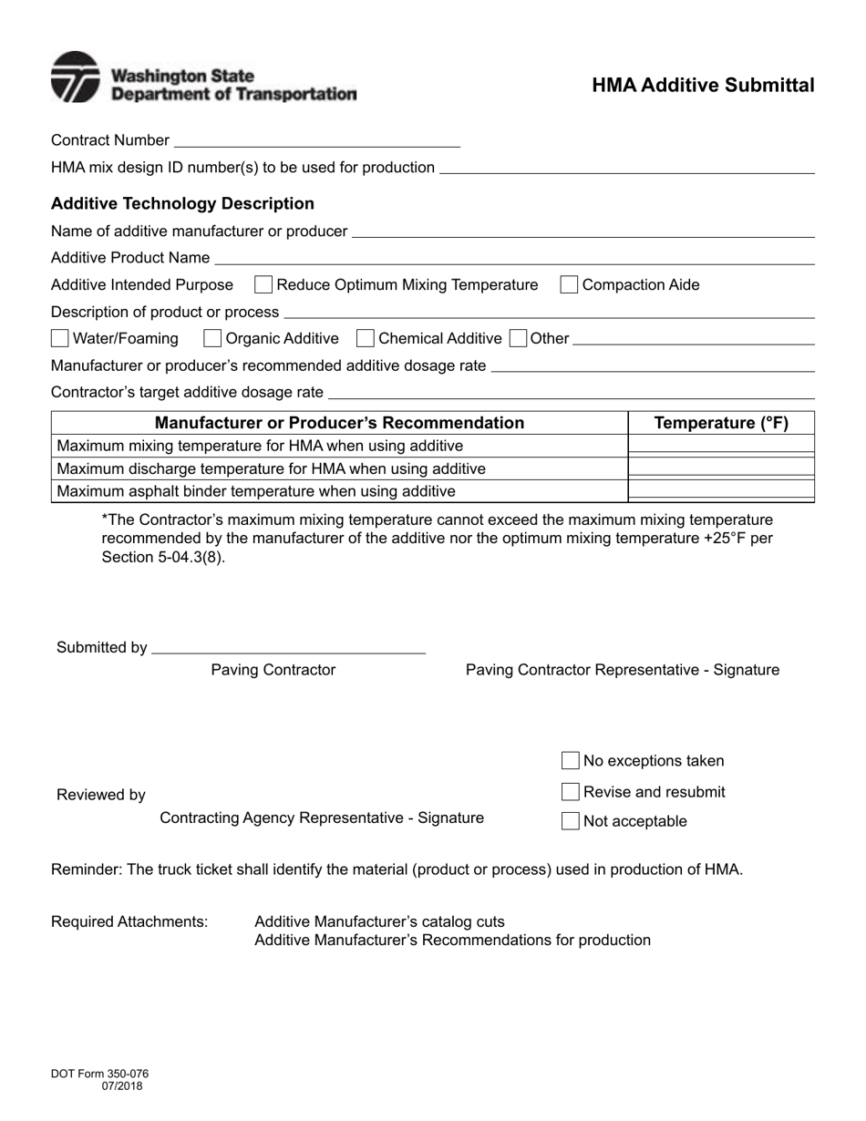 DOT Form 350-076 Hma Additive Submittal - Washington, Page 1