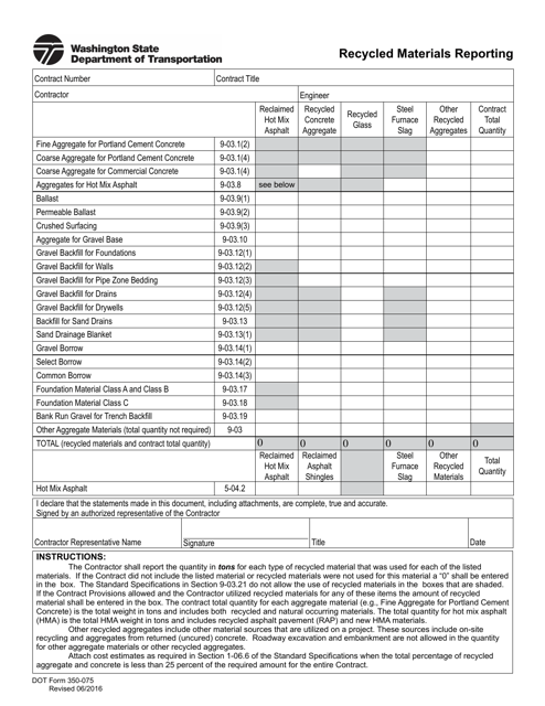 DOT Form 350-075 Recycled Materials Reporting - Washington