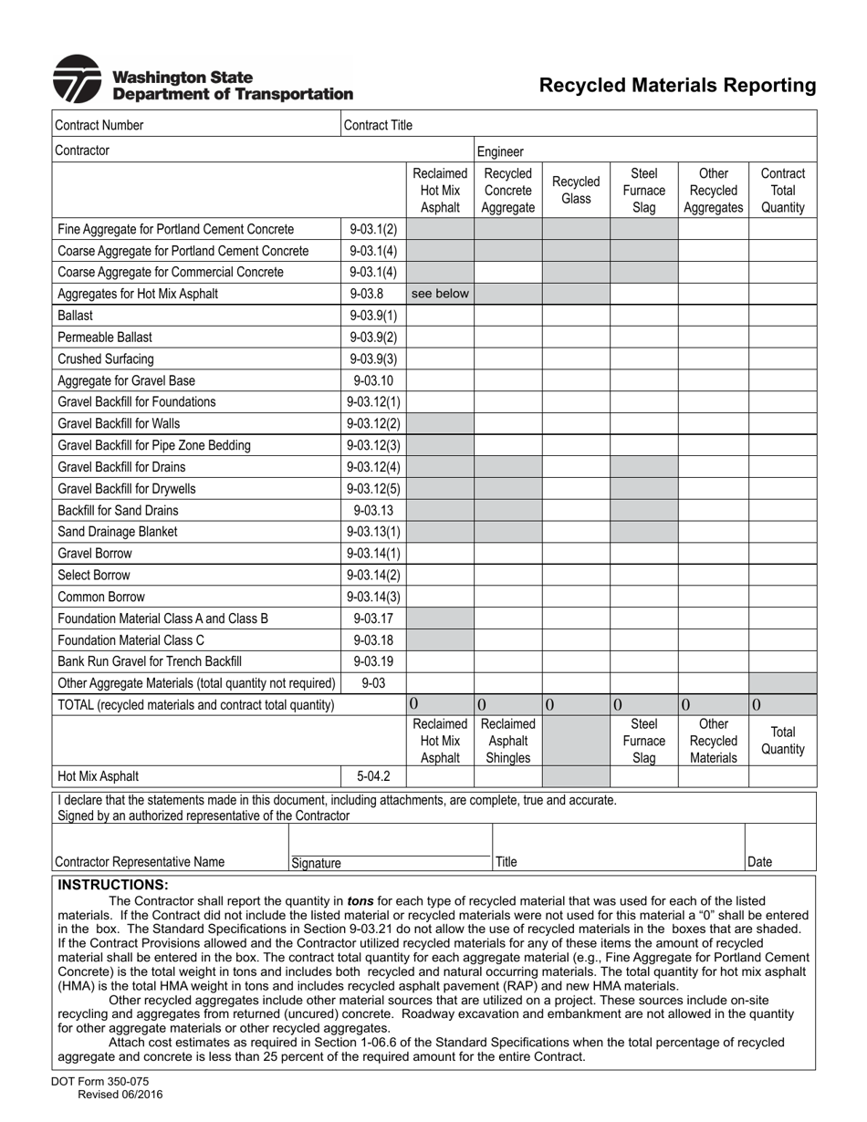 DOT Form 350-075 Recycled Materials Reporting - Washington, Page 1
