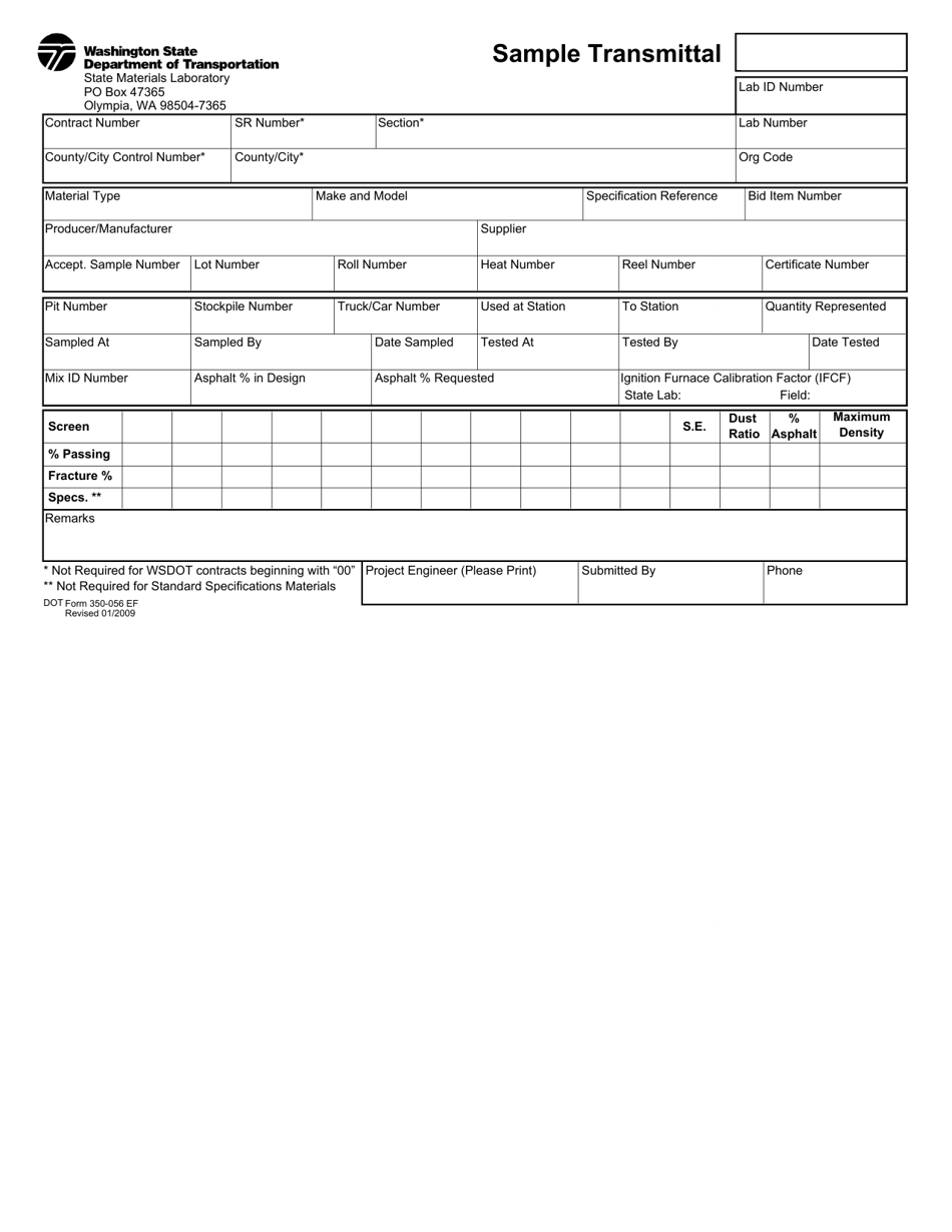 DOT Form 350-056 Sample Transmittal - Washington, Page 1