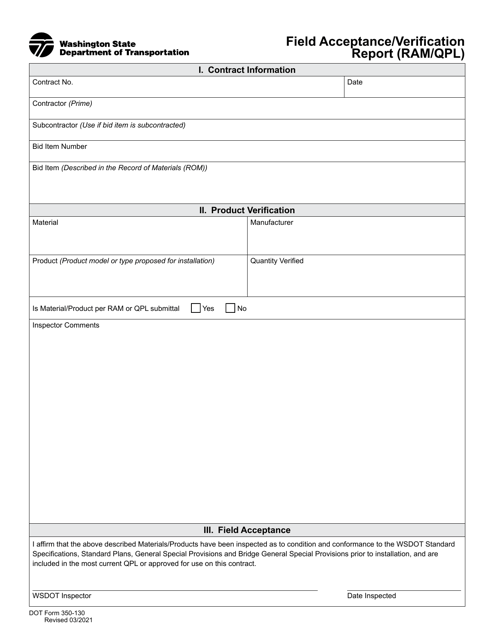DOT Form 350-130 Field Acceptance/Verification Report (Ram/Qpl) - Washington