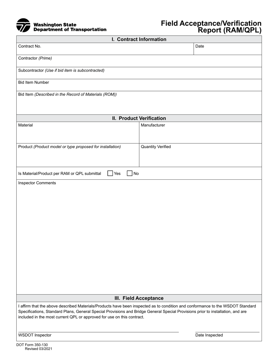 DOT Form 350-130 Field Acceptance / Verification Report (Ram / Qpl) - Washington, Page 1