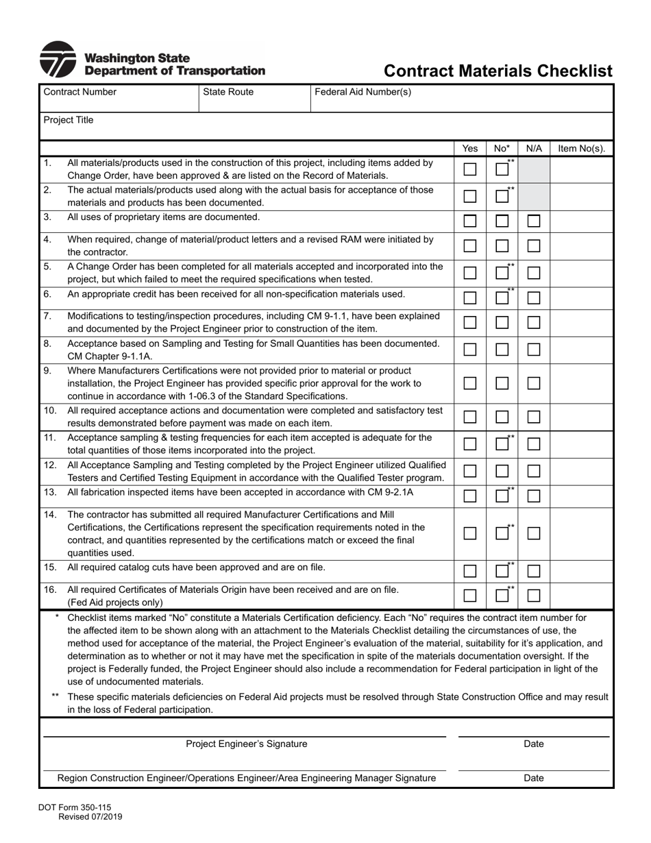 DOT Form 350-115 Contract Materials Checklist - Washington, Page 1