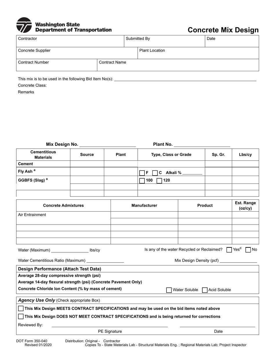 DOT Form 350-040 Concrete Mix Design - Washington, Page 1