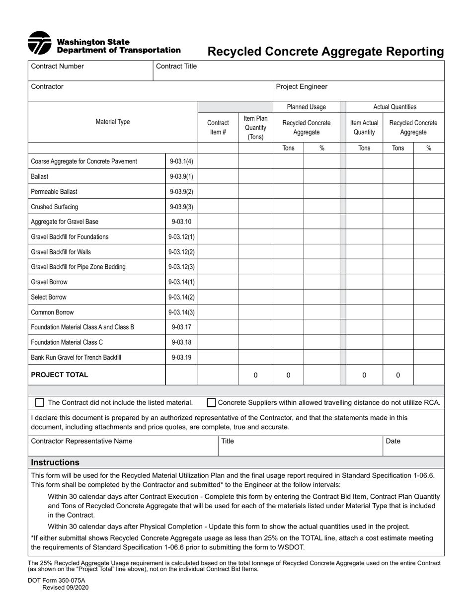 DOT Form 350-075A Recycled Concrete Aggregate Reporting - Washington, Page 1