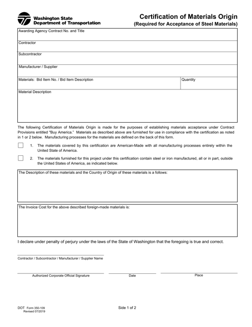 DOT Form 350-109  Printable Pdf