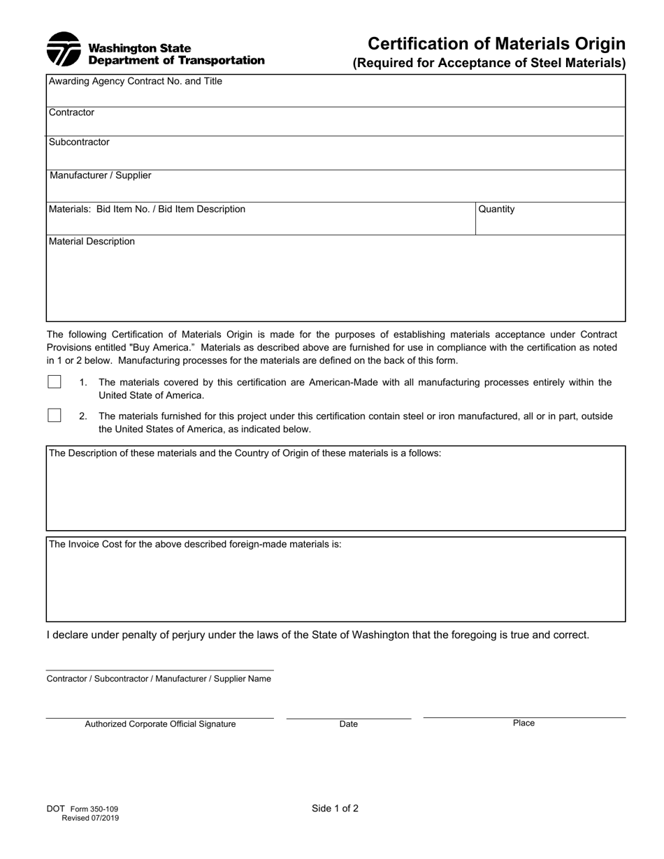 DOT Form 350-109 Certification of Materials Origin - Washington, Page 1