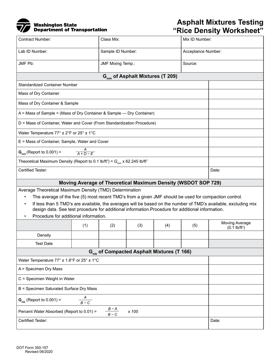 DOT Form 350-157 Asphalt Mixtures Testing Rice Density Worksheet - Washington, Page 1